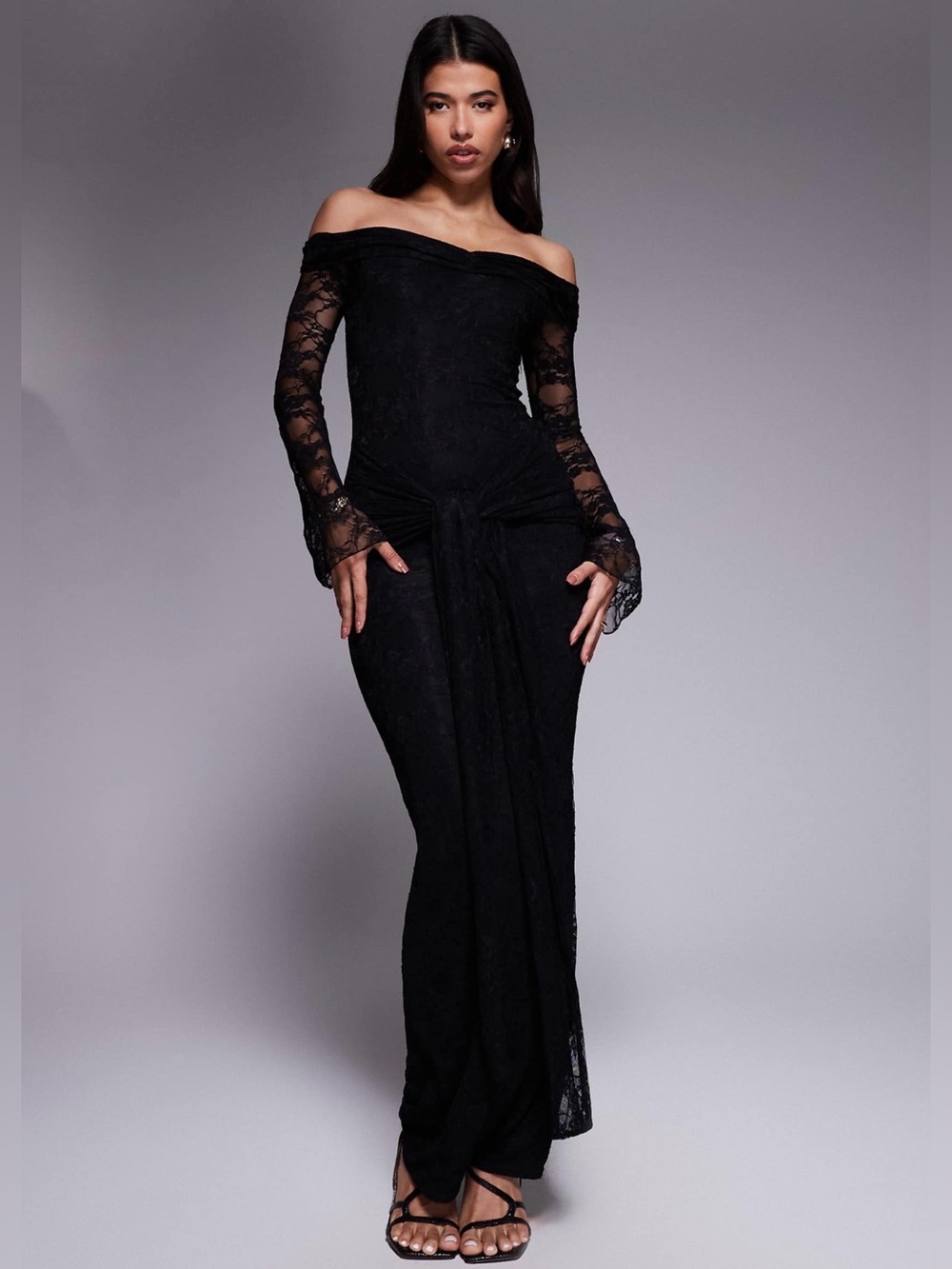 Kaiia exclusive double layered slinky lace off the shoulder flare sleeve